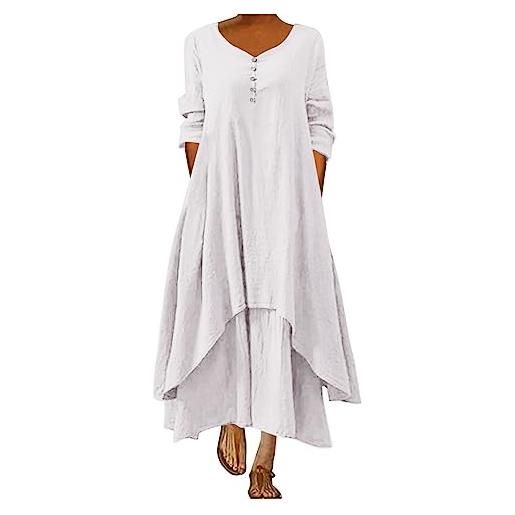 BOTCAM abito estivo da donna in lino, a maniche lunghe/corte, stile maxi, con tasche, vestibilità morbida, scollo a v, pieghe, in lino, a strati, stile boho, casual, abito lungo da giorno, rétro