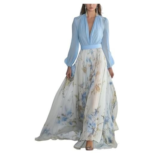 Generisch abito lungo da cocktail in chiffon per donna con scollo a v, elegante motivo floreale, vita alta, abito maxi, abito casual, abito estivo, abito da sera, scollo a v, abito floreale, azzurro