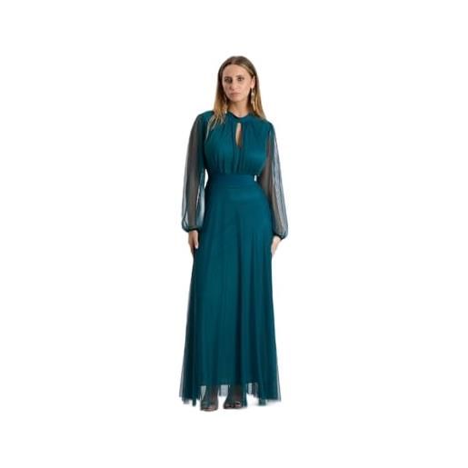 VALORIALUXE abito lungo elegante donna in tulle - collo alto con scollo a goccia, maniche trasparenti, vita segnata - vestito da cerimonia, festa ed eventi (it, testo, l, xl, regular, regular, ottanio)