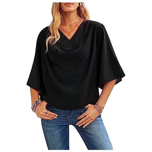KBRPEY camicia donna chiffon elegante magliette donna manica corta scollo a v blusa casual camicetta colore puro t shirt donna tops maglietta con maniche svasate