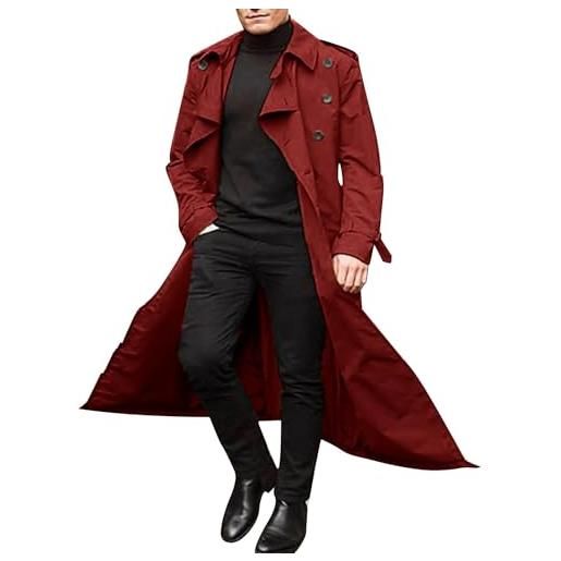 Darringls trench lungo uomo con cintura leggero doppio petto trench coat slim fit cappotto doppio petto cintura giacca allentata uomo autunno e inverno, 04 rosso, xxxl