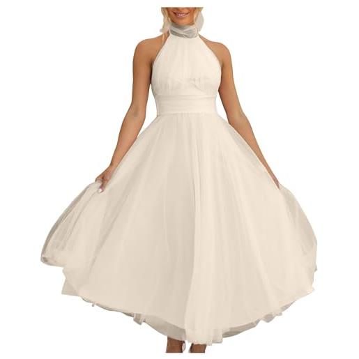 Masrin abito da sera da donna, elegante, in tulle, senza maniche, con allacciatura al collo, lunghezza alla caviglia, maxi abito da cocktail, abito a rete, collo alto, abito da ballo, beige. , m