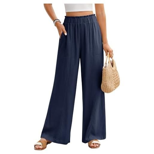 PASUDA pantaloni lino donna estivi pantaloni larghi leggeri elastico vita alta pantaloni di lino eleganti casual da spiaggia comodi pantaloni tinta unita con tasche