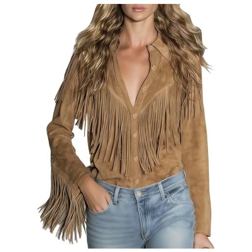 Generic abito da cowgirl alla moda in pelle top da donna con nappe camicie anni '70 hippie cowgirl western in finta pelle scamosciata camicetta con frange a maniche lunghe bottone risvolto top elegante