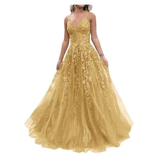 KQWZJUX spalline sottili abiti da ballo in tulle per donna 2026 lungo corsetto con applicazioni in pizzo abito da sera formale kqw020, oro, 38