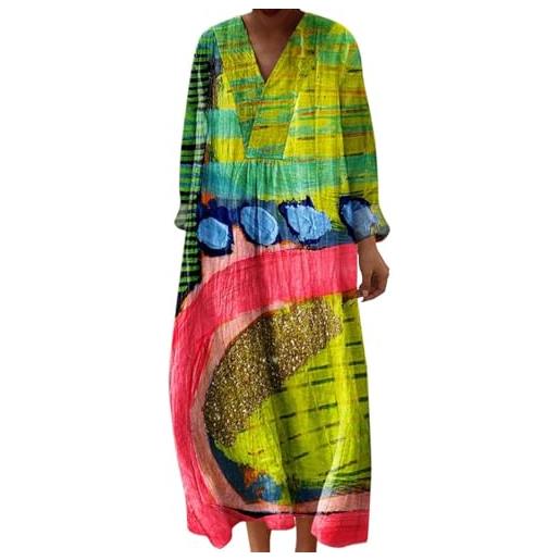 Gienslru abito estivo lungo donna boho chic floreale vintage, scollo a v maniche lunghe in lino leggero con tasche, vestito elegante casual per vacanze primavera estate taglie forti curvy 2026 moda cerimonia