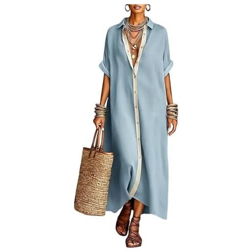Generic abito da donna a contrasto di colore con bottoni, stile camicia, maniche corte, cotone e lino, casual, ampio, da spiaggia, lungo maxi, blu, l