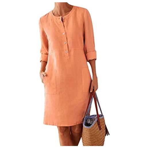 OMZIN donna cotone e lino abito allentato monocolore con tasche arancione m