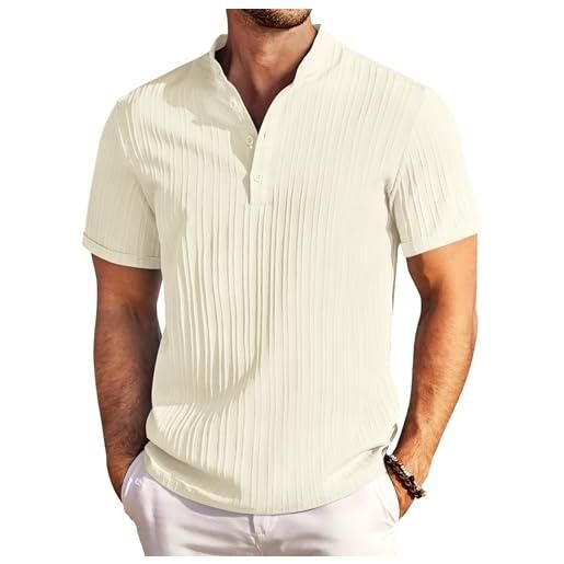 COOFANDY camicia henley uomo estiva camicia casual maniche corte con collo alto tessuto strutturato per spiaggia e tempo libero beige m
