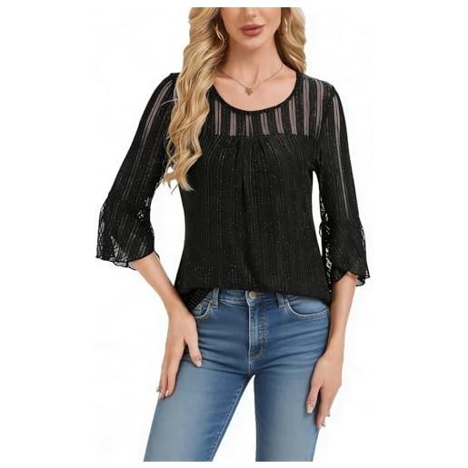 Atxnn camicetta da donna di 3/4 manica a volant camicia elegante tunica casual festa blusa rete a doppio strato top per autunno