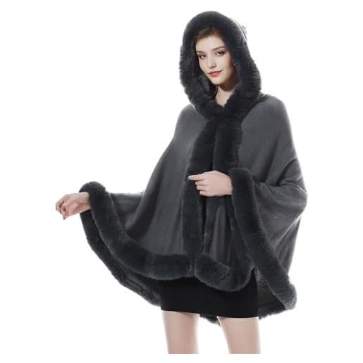 BEAUTELICATE poncho mantella di pelliccia sintetica donna invernale stola scialle con cappuccio lavorata a maglia cardigan per cerimonia festa matrimonio