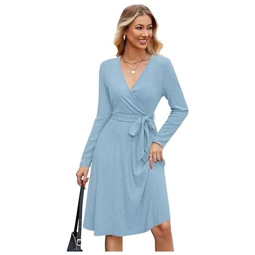 Newshows vestito da donna a maniche lunghe con scollo a v lavorato a maglia elegante maglione da festa con tasche, 4020-azzurro, m