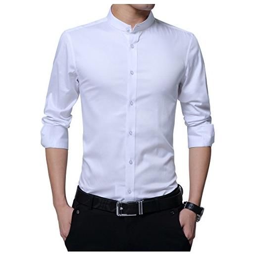 Sliktaa camicia da uomo, colletto alto, slim fit, a maniche lunghe, business nozze formale shirt smoking cotone bianco