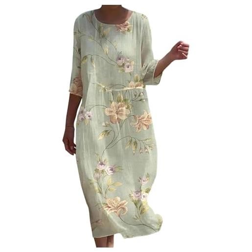 Gienslru vestito in lino donna estivo elegante lungo boho chic in lino effetto 3/4 manich abito maxi floreale vintage con tasche e comodo per mare vacanza primavera estate taglie forti curvy