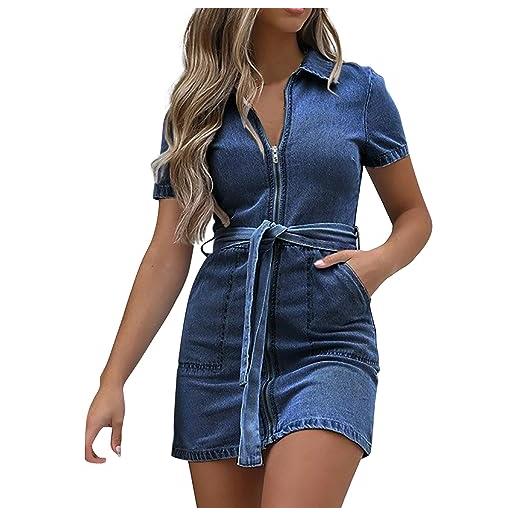 Cocila vestito lungo da donna abito da donna in jeans a maniche corte con scollo a v casual con cerniera taglie forti da donna vestito autunnale lungo (dark blue, s)