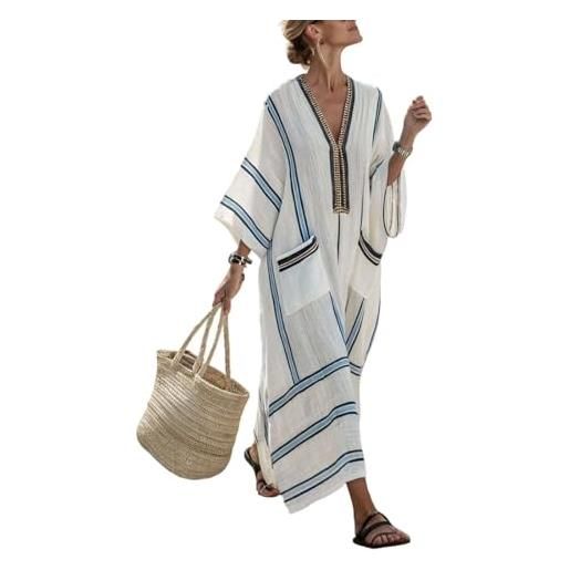 Generico abito lungo estivo donna lino elegante vestito boho chic vintage cerimonia maxi vestiti cotone e lino comoda scollo a v prendisole mare spiaggia vacanza traspirante abbigliamento con taschen (a22,3xl)