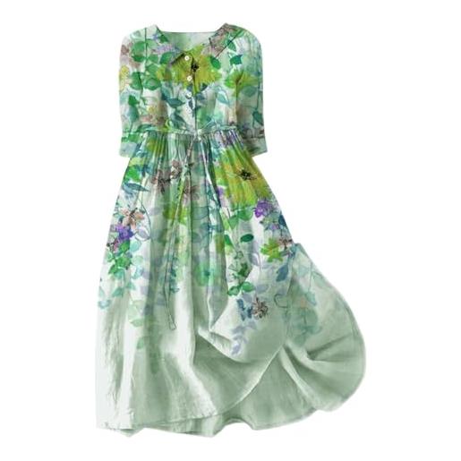 Generic abito di lino estate delle donne manica corta abito estivo abiti di lino midi donne cotone lino abito casual abiti da spiaggia abito a-line vestiti stampa floreale elegante vestito con cintura bottoni