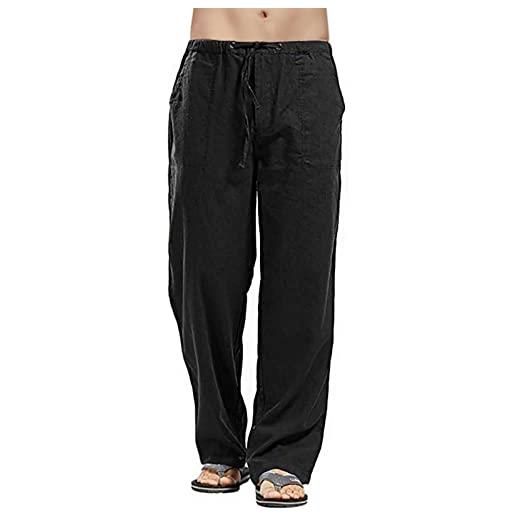 heekpek pantaloni uomo lino e cotone pantaloni lunghi dritti da uomo estivi leggeri e traspiranti casual pantalone lino uomo con comodo cordoncino, nero, xxl