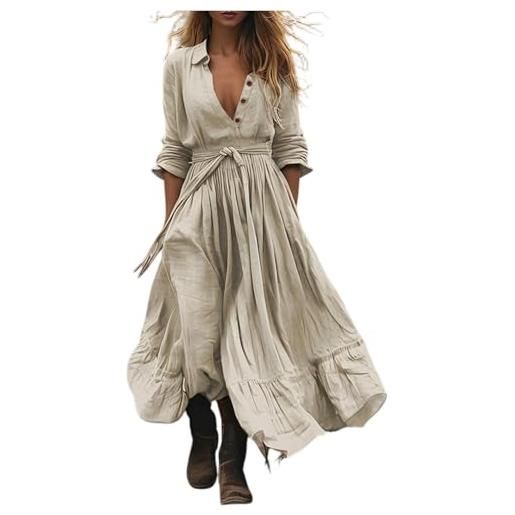 LOKLNEYK vestito lungo estivo donna vestiti estivi donna cotone maniche lunghe floreale cotone bianco elastico mini taglie forti lino comodi abbigliamento 2#cachi s