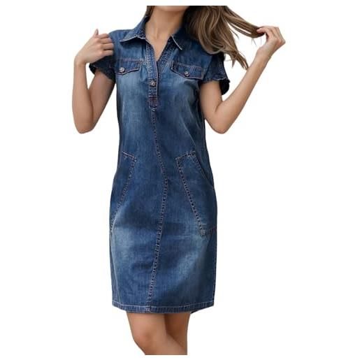 Generisch abito da donna in jeans, stile coreano, scollo a v, a maniche corte, attillato, linea ad a, per il tempo libero, casual, alla moda, lunghezza media, estivo, blu, s