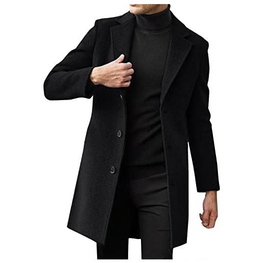 Celanisai - cappotto da uomo, lungo, slim fit, in lana, con colletto a taglio vivo e chiusura a bottoni, trench da uomo, cappotto invernale, caldo, invernale, abbigliamento da lavoro casual, nero, a