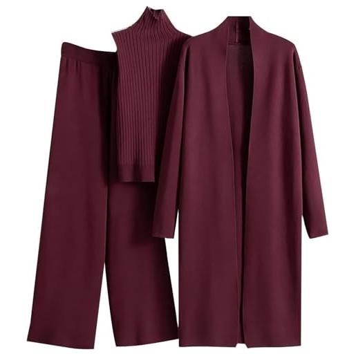 Generisch set lounge da donna 3 pezzi maglia manica lunga cardigan e pantaloni a gamba larga, canotta senza maniche a collo alto, bordeaux, taglia unica