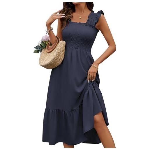 heekpek vestito lungo estivo donna senza maniche collo quadrato abito curvy vita alta leggero abiti plissettato vestito da mare vestiti boho dress, blu scuro, s