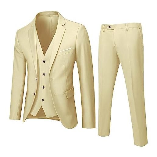 YOUYING completo da uomo 3 pezzi slim fit monopetto giacca gilet pantaloni blazer set casual business party abiti da matrimonio, a# cachi, xl
