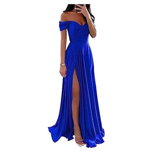ECDAHICC abito da damigella d'onore senza spalline per donna, in raso, con lungo spacco, elegante abito formale da sera, linea ad a, per matrimoni e feste, blu zaffiro, l