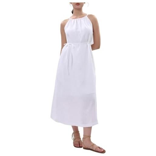 Amazhiyu abito estivo in lino, da donna, estivo, da spiaggia, lungo, 100% lino, maxi abito da donna, con cinghie e tasche, bianco, l