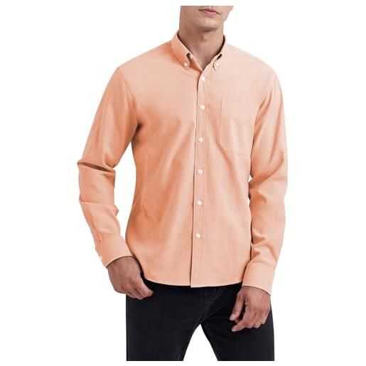 HISDERN camicia uomo oxford a maniche lunghe casual cotone camicie con tasche regular fit salmone s