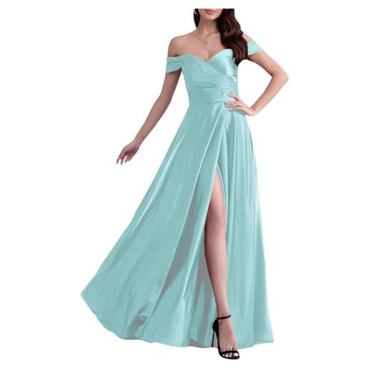 ECDAHICC abito da damigella d'onore con spalle scoperte, in raso, con spacco lungo, elegante abito da sera formale, linea ad a, per matrimoni e feste