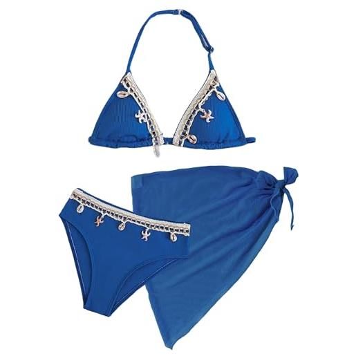 SEAUR bikini da bambina, 3 pezzi, allacciatura al collo, costume da bagno con gonna, alla moda, decorazione a conchiglie, costume da bagno imbottito, 8-12 anni, blu reale, 11 anni