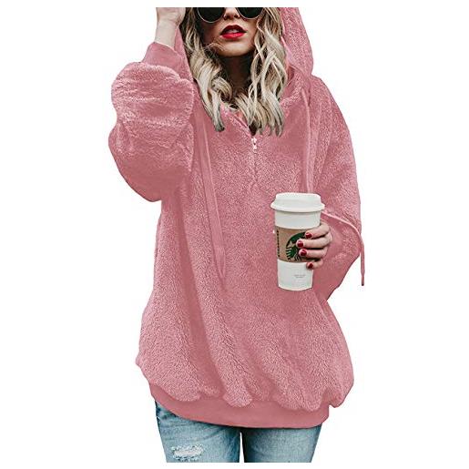 iWoo - felpa da donna con cappuccio in pile teddy, per autunno, inverno, calda, a maniche lunghe, tinta unita, casual