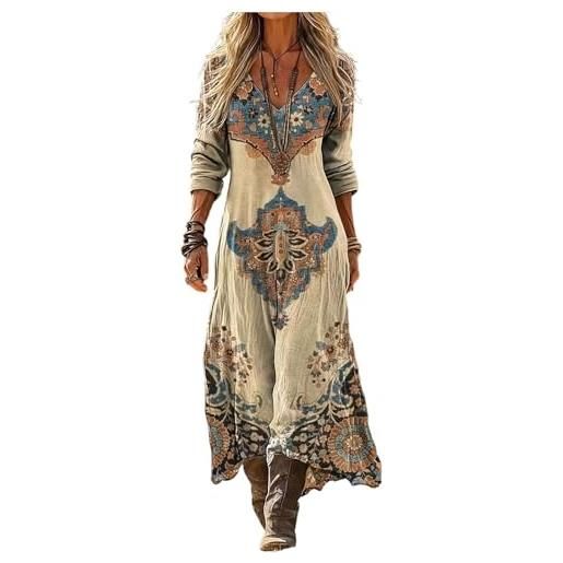 Gienslru vestito lungo donna estivo boho chic in lino effetto, maxi abito floreale vintage con scollo a v e maniche lunghe, elegante con tasche per mare vacanza cerimonia primavera estate taglie forti curvy