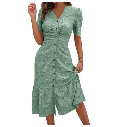 QUNERY vestiti donna estivi corte maniche abito aderente con bottoni abito estivo orlo arricciato eleganti estive abiti verde chiaro m