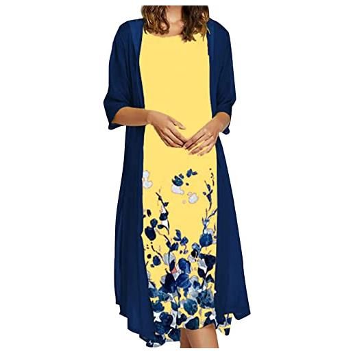 EGSDMNVSQ vestito estivo donna abito sciolto senza maniche retro abiti lunghi camicetta estivi vestiti stampato 2 pezzi tulle cardigan+midi vestito