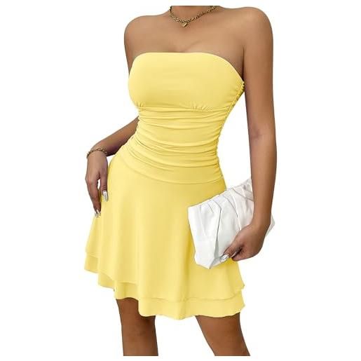 Ausing abito aderente con spalle scoperte donna sexy vestito discoteca corto abiti party cocktail elegante mini tubino senza spalline maniche schienale abito increspato attillato bodycon sera giallo s