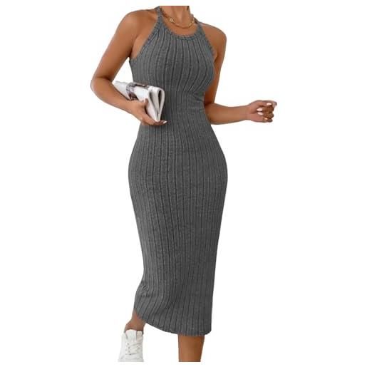 Sthxyfaith abito estivo da donna, a costine, senza maniche, lavorato a maglia, con stampa a righe, scollo all'americana, aderente, mini abito da sposa per ospiti, grigio scuro, xl