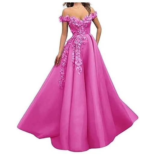 Generico abiti da ballo in tulle abito lungo con spalle scoperte e ricami abiti da sera formali con fiori 3d rosa caldo l