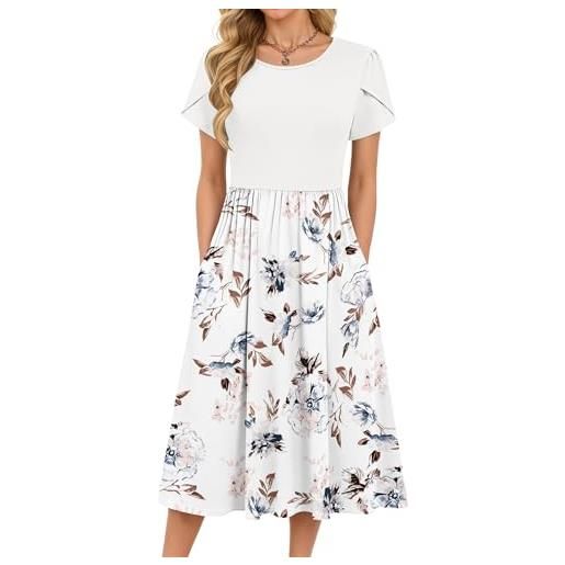 MOLERANI abito estivo da donna abito da donna con scollo rotondo elegante abito midi a vita alta abito casual con stampa floreale e tasche motivo floreale bianco s