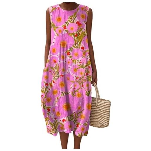 Generico abito estivo donna lungo in lino boho chic vestito senza maniche girocollo con tasche floreale casual per mare spiaggia vacanza comodo taglie forti curvy moda 2026 elegante