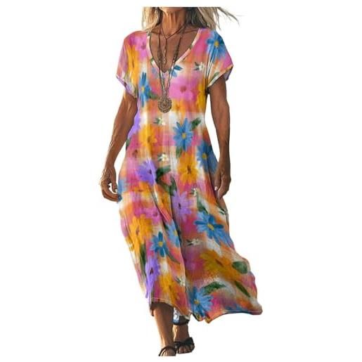 Gienslru vestito estivi donna 2026 lino vestiti lungo boho chic maniche corte scollo a v abito maxi abitos vintage caftano con tasche taglie forti curvy dress per spiaggia vacanza moda vestitos elegante