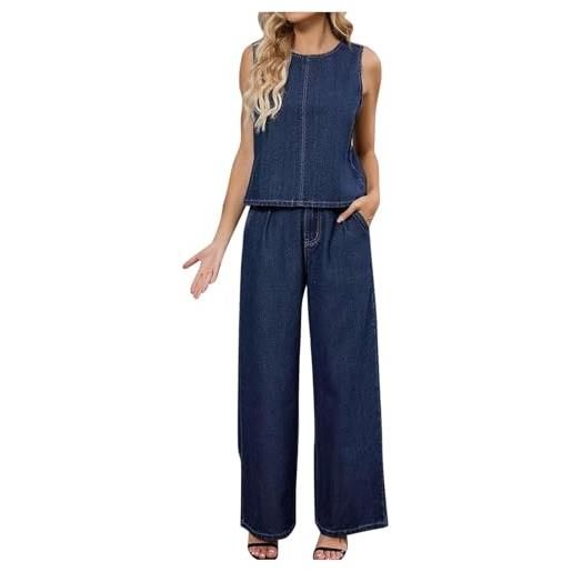 Generic abito in denim da donna, set di due pezzi per l'estate, top a manica corta con scollo tondo, stile y2k, camicia in denim e pantaloni a gamba larga, blu, m