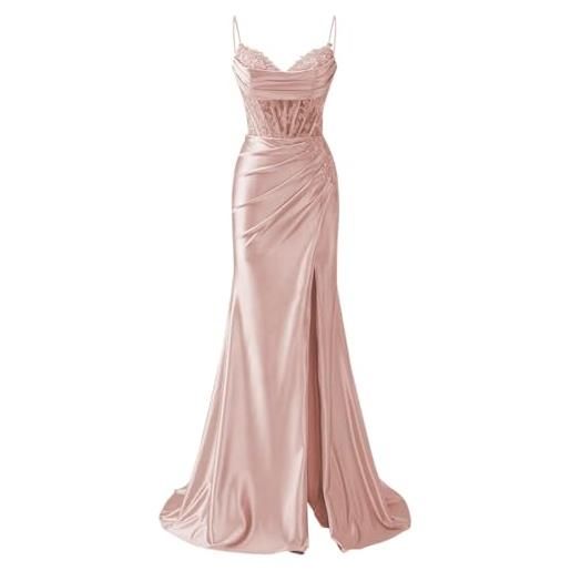 AHERKLL abiti da damigella d'onore con spalline sottili appliques in pizzo abiti da ballo con fessura formale da sera party maxi abito ah171, rosa cipria, 42