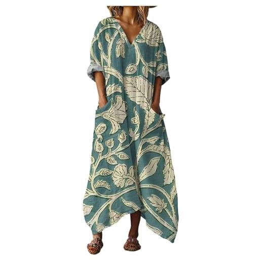 Mfhmom vestito donna estivo lungo in cotone e lino abito boho chic con grandi tasche scollo a v manica corta ampio traspirante casual vestiti lunghi estivi donna leggero mare