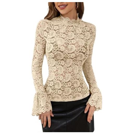 Goolecrimp camicetta elegante e sexy in pizzo da donna camicetta trasparente con colletto alla moda e maniche a lanterna top versatili aderenti e alla moda casual da strada