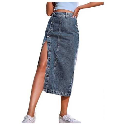 nicticsi gonna lunga di jeans con vita elastica donna denim con spacco gonna di jeans al ginocchio gonne elegante midi asimmetrica gonna con bottoni a02 m