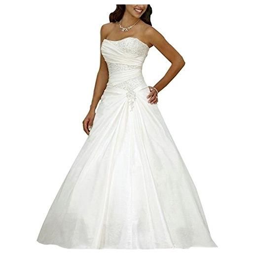 SEVENYXX abiti da sposa abiti da sposa lungo principessa donna raso a line plissettato con paillettes, bianco, 40