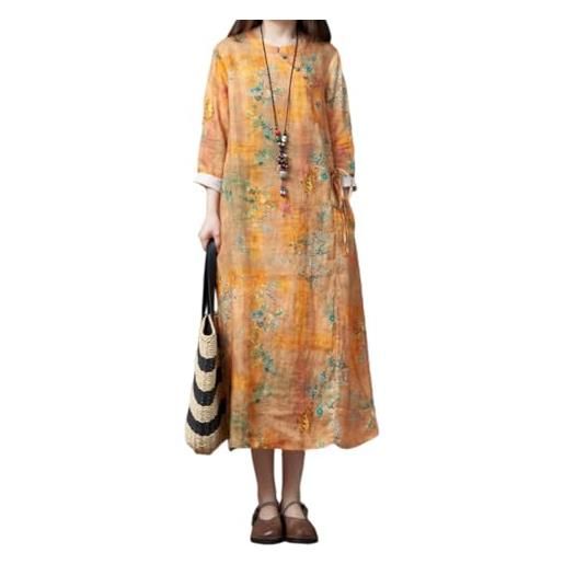 PRINCESS BRIDE abito cheongsam estivo con maniche a 3/4 con stampa in lino, stile vintage, slim fit, con spacco laterale, a12, multicolore, l